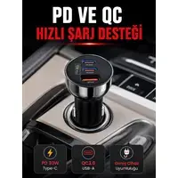 3 Portlu Araç İçi Şarj Adaptörü Çift Pd Type-c Ve Qc3.0 Usb Çıkışlı