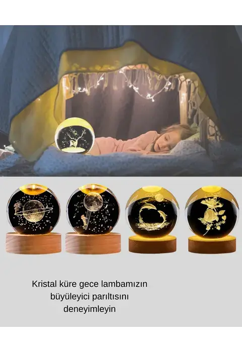Yunus Figürlü Led Kristal Küre Ahşap Standlı Dekoratif Gece Lambası