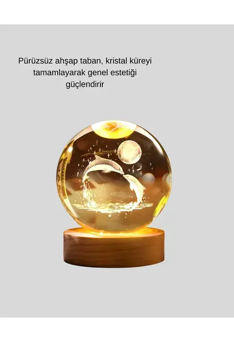 Yunus Figürlü Led Kristal Küre Ahşap Standlı Dekoratif Gece Lambası