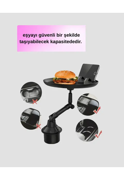 360° Döner Araç Bardaklık Tepsisi Geniş Yemek Alanlı Telefon Standlı