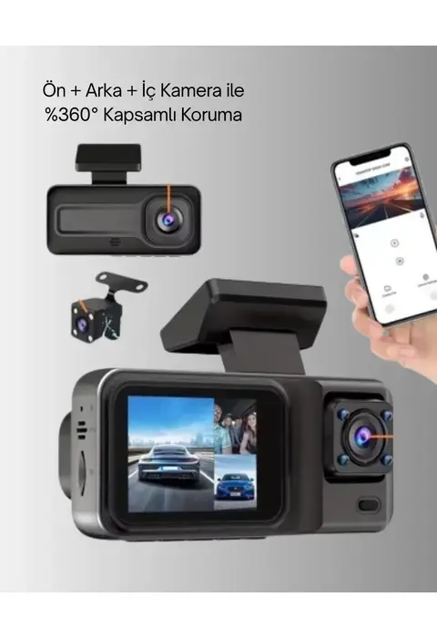 1080p Üç Kameralı Araç Kamerası Wi-fi Destekli Park Modu Ve G-sensörlü