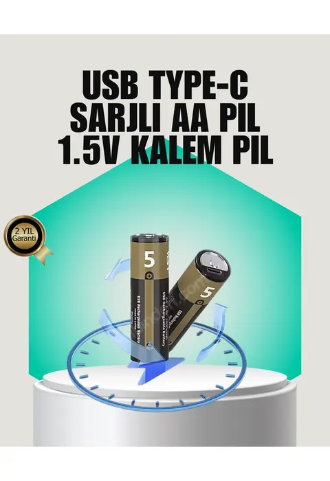 1.5v Aa Şarjlı Lityum Pil | 1000+ Kez Şarj Edilebilir | Hızlı Type-c Şarj (2 Adet)