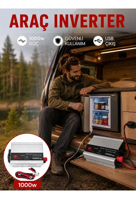 1000 Watt Oto İnvertör Elektrik Dönüştürücü Ev Tipi Priz