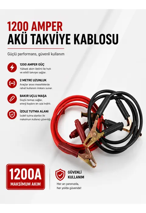1200 Amper Akü Takviye Kablosu 2 Metre Bakır Uçlu