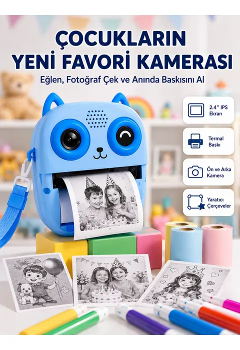 Anında Baskılı Çocuk Fotoğraf Makinesi Termal Yazıcılı Selfie Kamerası