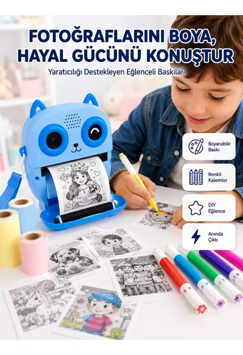 Anında Fotoğraf Basan Çocuk Kamerası Eğitici Ve Eğlenceli Termal Yazıcılı