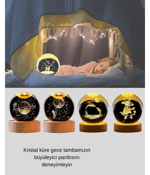 Yunus Figürlü Led Kristal Küre Ahşap Standlı Dekoratif Gece Lambası