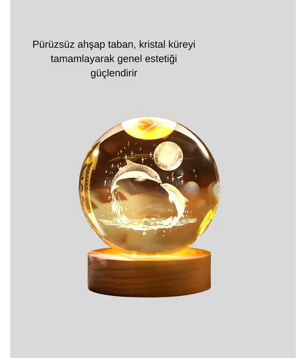 Yunus Figürlü Led Kristal Küre Ahşap Standlı Dekoratif Gece Lambası