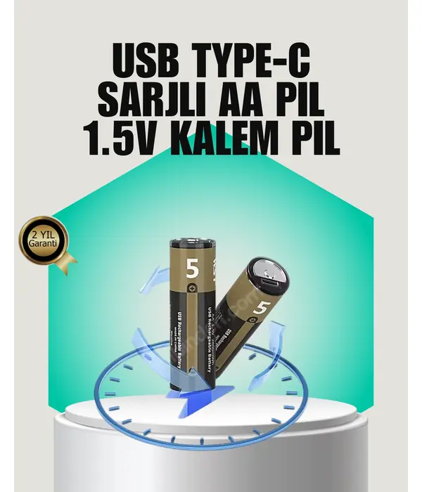 1.5v Aa Şarjlı Lityum Pil | 1000+ Kez Şarj Edilebilir | Hızlı Type-c Şarj (2 Adet)