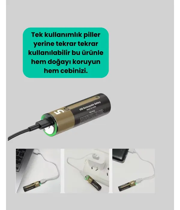 1.5v Aa Şarjlı Lityum Pil | 1000+ Kez Şarj Edilebilir | Hızlı Type-c Şarj (2 Adet)