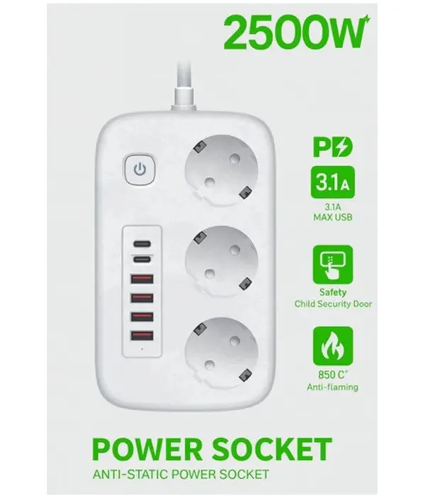  akım Korumalı Priz Ve Masaüstü Şarj İstasyonu Kablosuz 3 Priz ,4 Usb, 2 Type-c Girişli 2 Metre