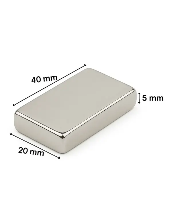 1 Adet 40x20x5mm Neodyum Magnet Güçlü N35 Mıknatıs Köşeli Nikel Kaplama